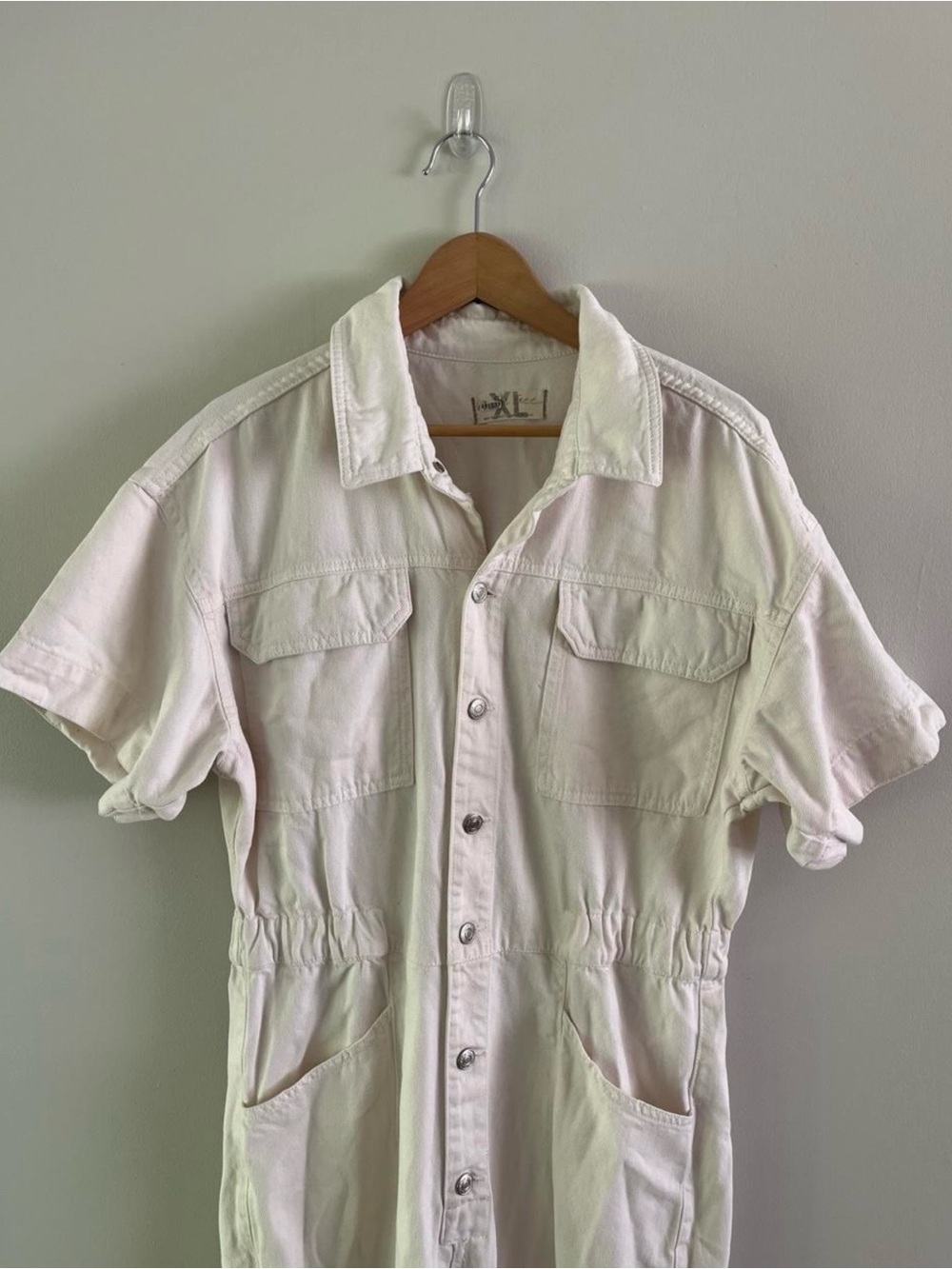 Free People Cream Short-Sleeve Button Romper (full length)
